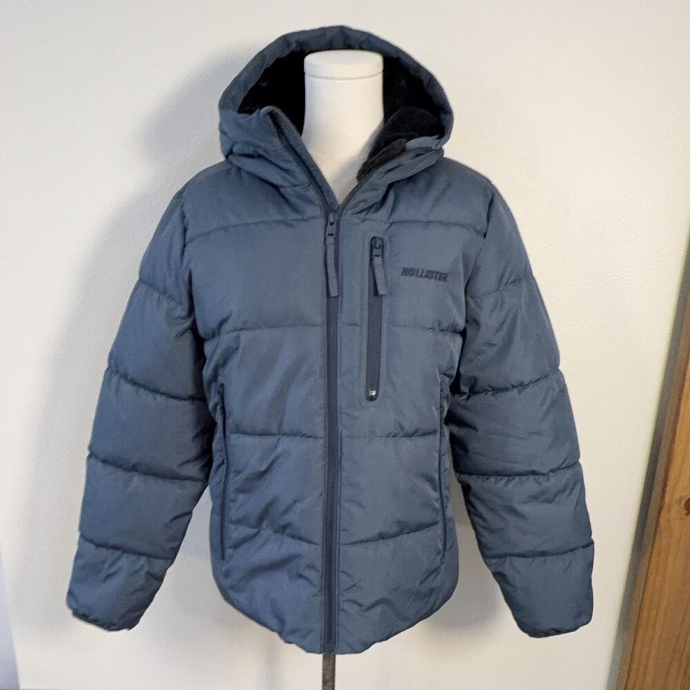 Hollister Ultimate Puffer Jacket Women XS Blue Hooded Quilted Full Zip Winter